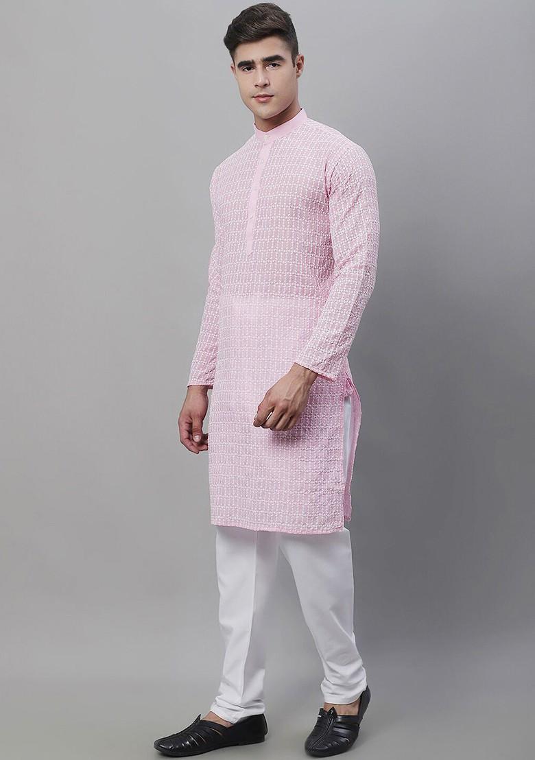 Pink Thread Work Cotton Kurta Set For Men