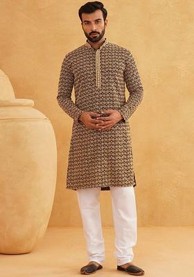 Gold Embroidered Cotton Kurta Set For Men