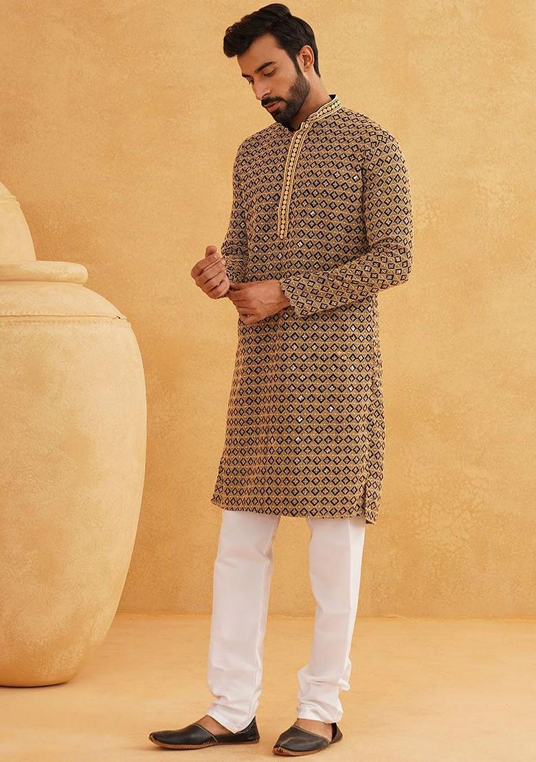 Gold Embroidered Cotton Kurta Set For Men