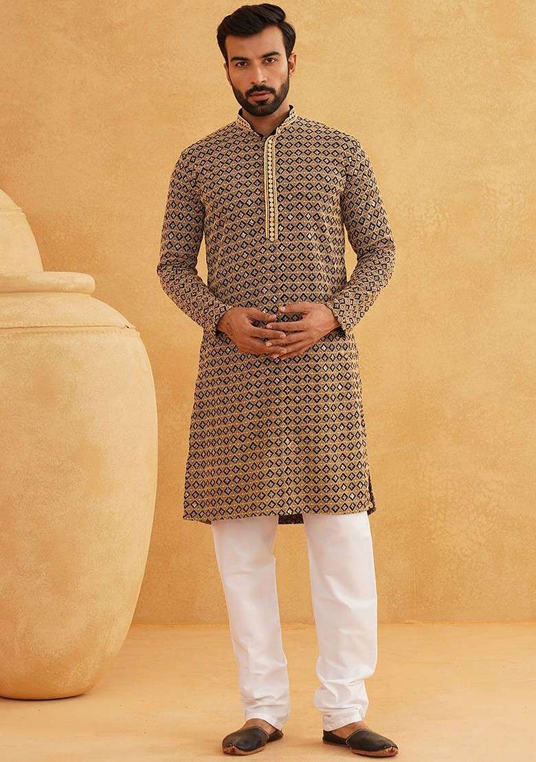Gold Embroidered Cotton Kurta Set For Men - Indya