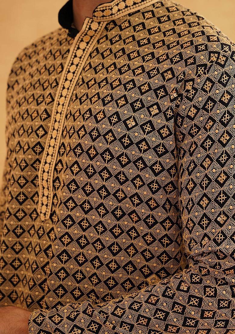 Gold Embroidered Cotton Kurta Set For Men