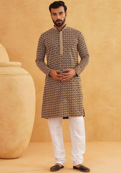 Gold Embroidered Cotton Kurta Set For Men