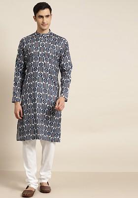 White Printed Cotton Kurta Set For Men
