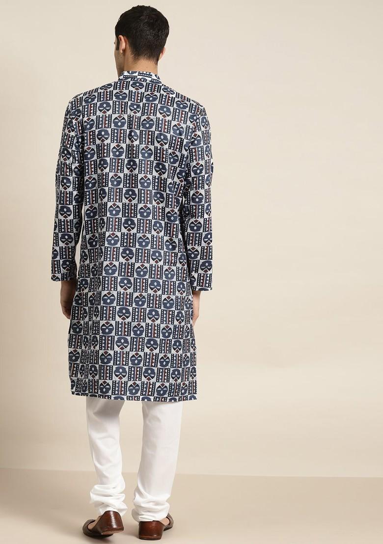 White Printed Cotton Kurta Set For Men