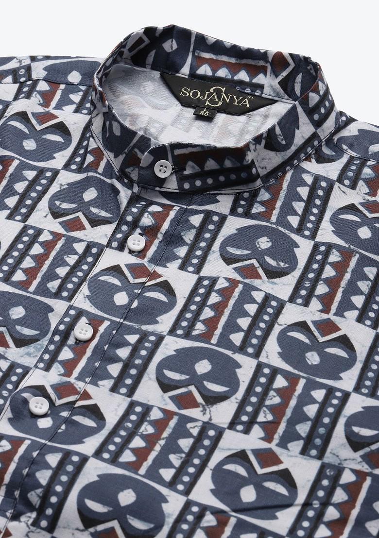 White Printed Cotton Kurta Set For Men