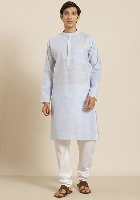 Blue Striped Cotton Kurta Set For Men