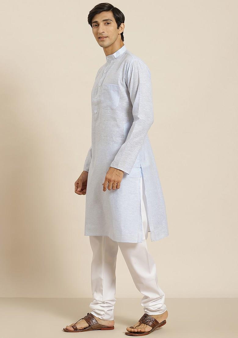 Blue Striped Cotton Kurta Set For Men