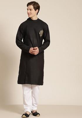 Black Thread Work Cotton Kurta Set For Men