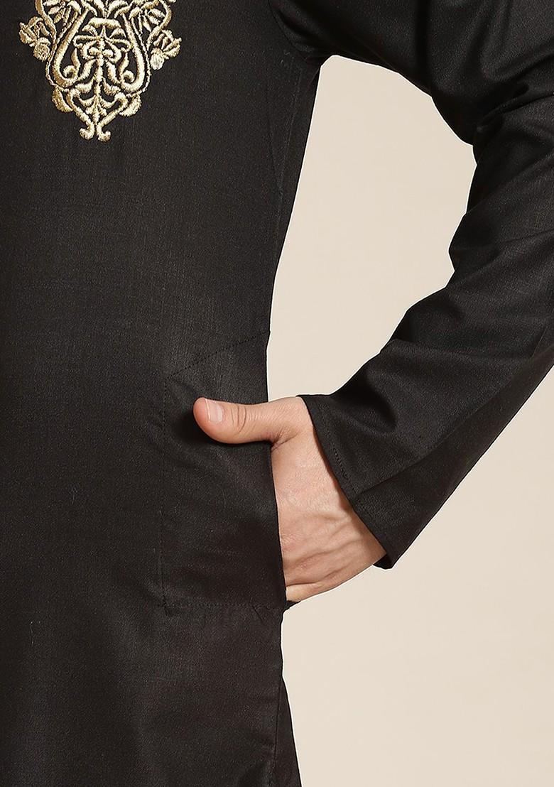 Black Thread Work Cotton Kurta Set For Men