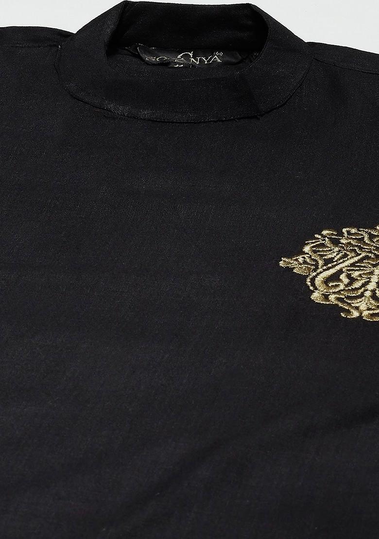 Black Thread Work Cotton Kurta Set For Men