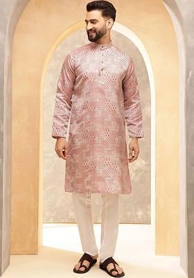 Pink Ethnic Motifs Poly Blend Kurta Set For Men