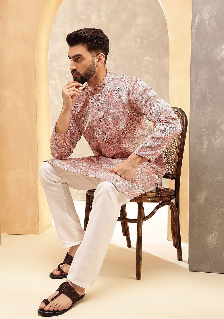 Pink Ethnic Motifs Poly Blend Kurta Set For Men