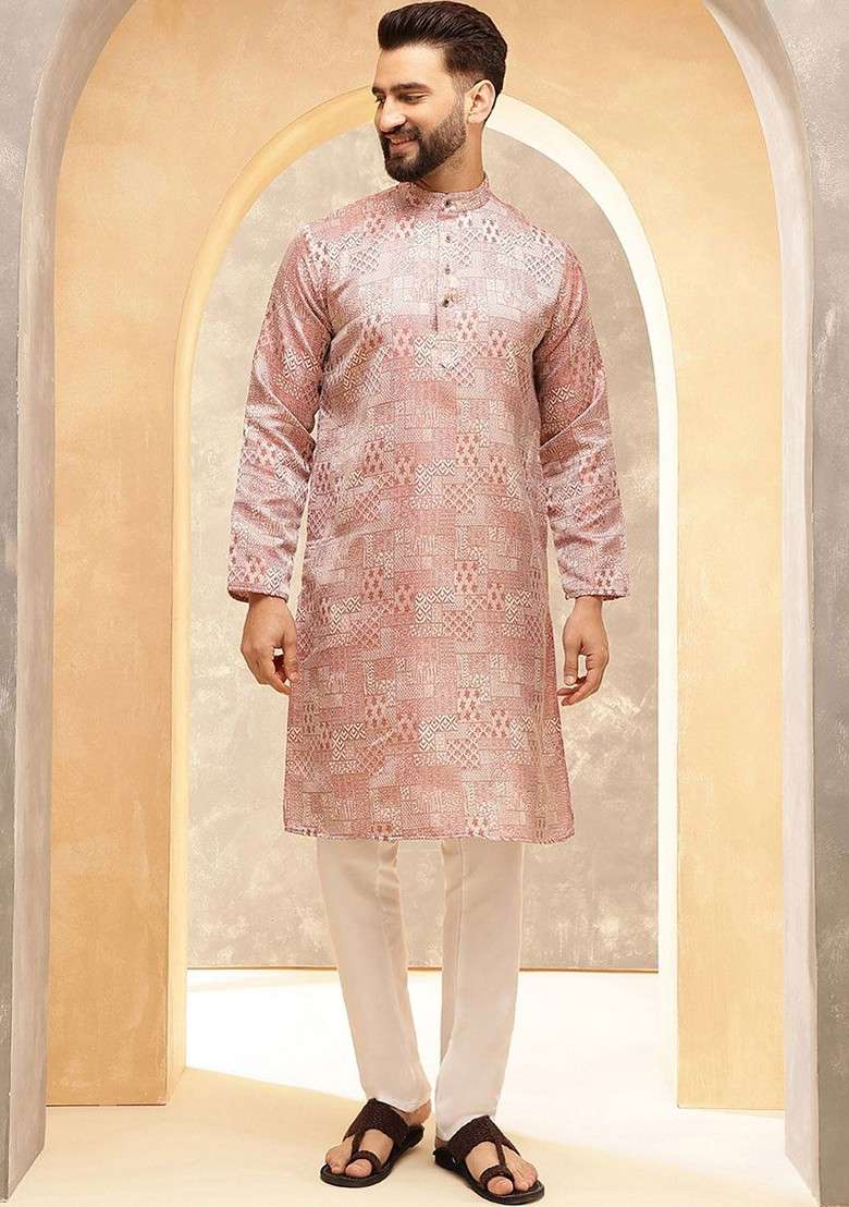 Pink Ethnic Motifs Poly Blend Kurta Set For Men - Indya