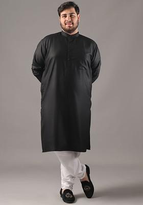 Black Solid Cotton Kurta Set For Men