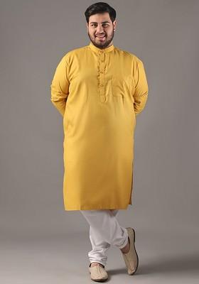 Mustard Solid Cotton Kurta Set For Men