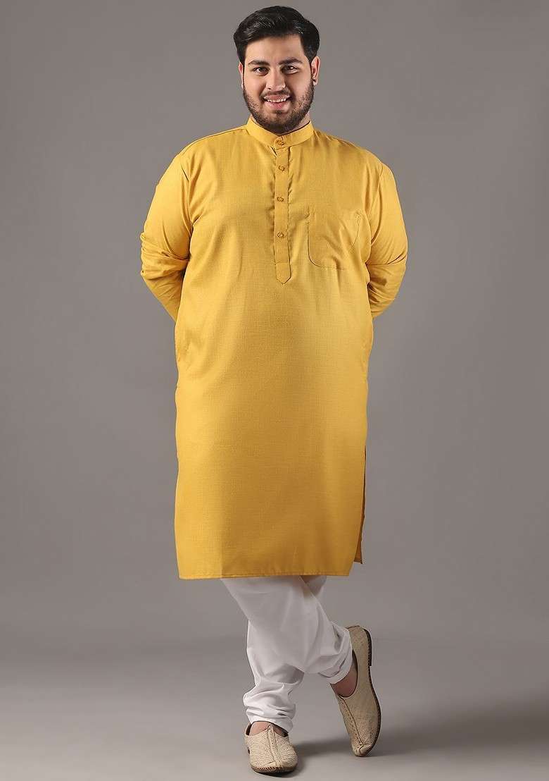 Mustard Solid Cotton Kurta Set For Men - Indya