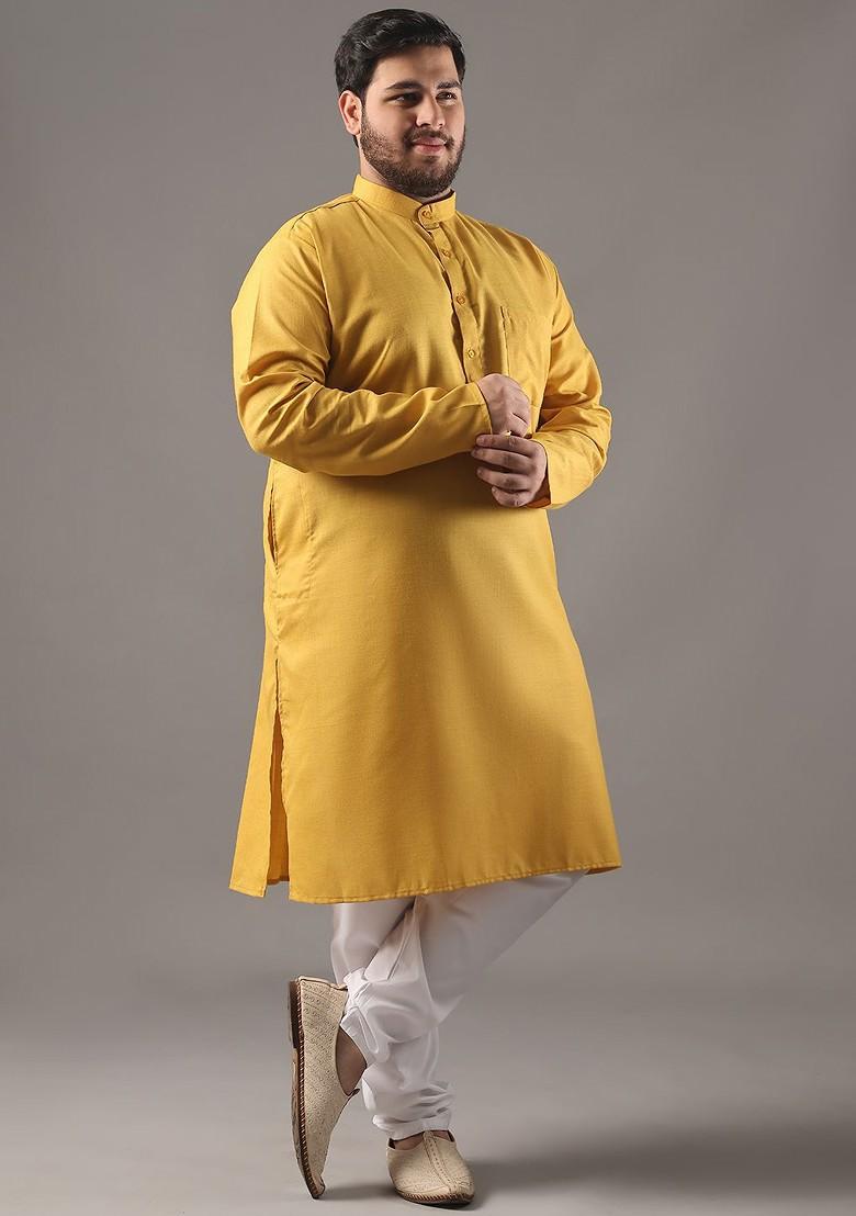 Mustard Solid Cotton Kurta Set For Men