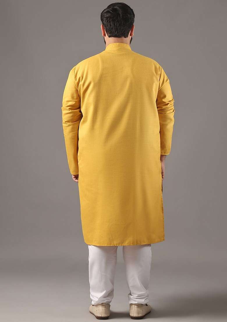 Mustard Solid Cotton Kurta Set For Men - Indya