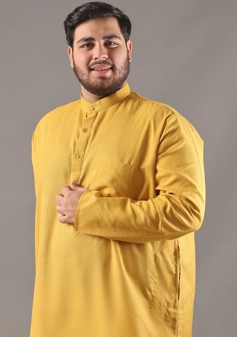Mustard Solid Cotton Kurta Set For Men