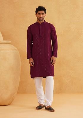 Purple Embroidered Cotton Kurta Set For Men