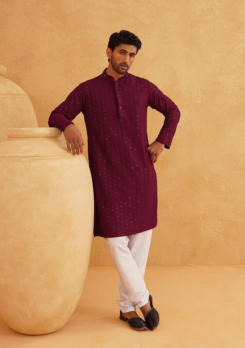 Purple Embroidered Cotton Kurta Set For Men
