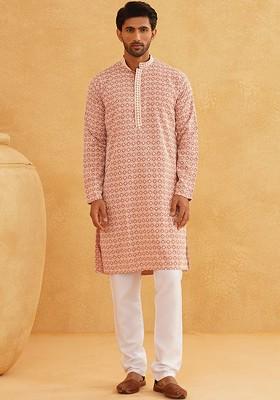 Peach Thread Work Cotton Kurta Set For Men