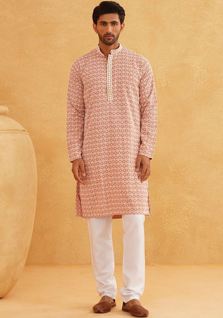 Peach Thread Work Cotton Kurta Set For Men
