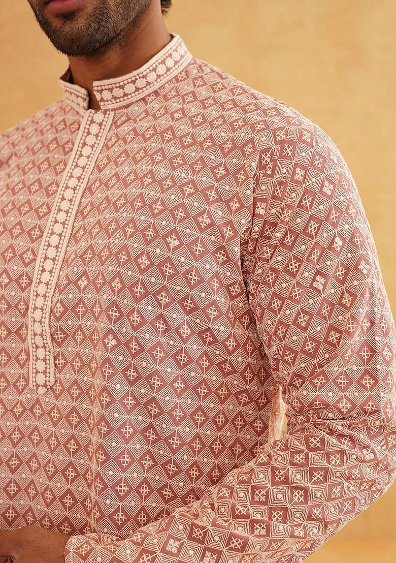 Peach Thread Work Cotton Kurta Set For Men - Indya