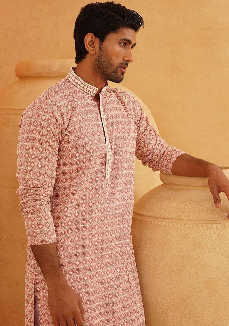 Peach Thread Work Cotton Kurta Set For Men