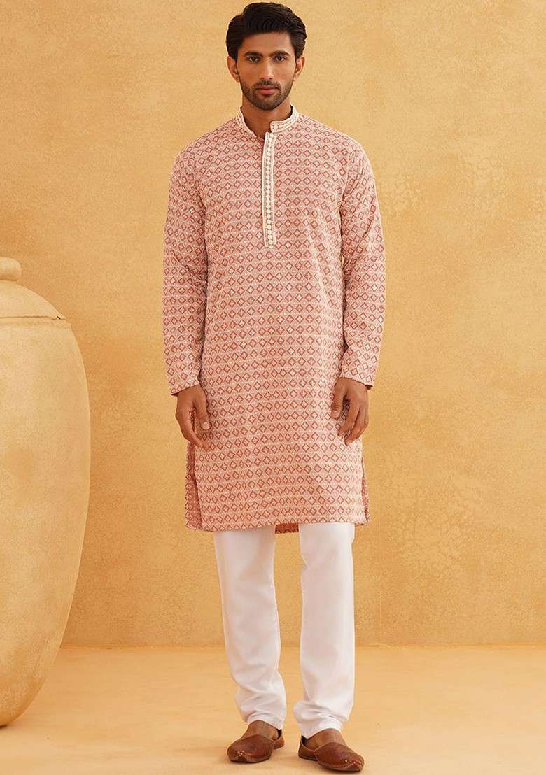 Peach Thread Work Cotton Kurta Set For Men - Indya