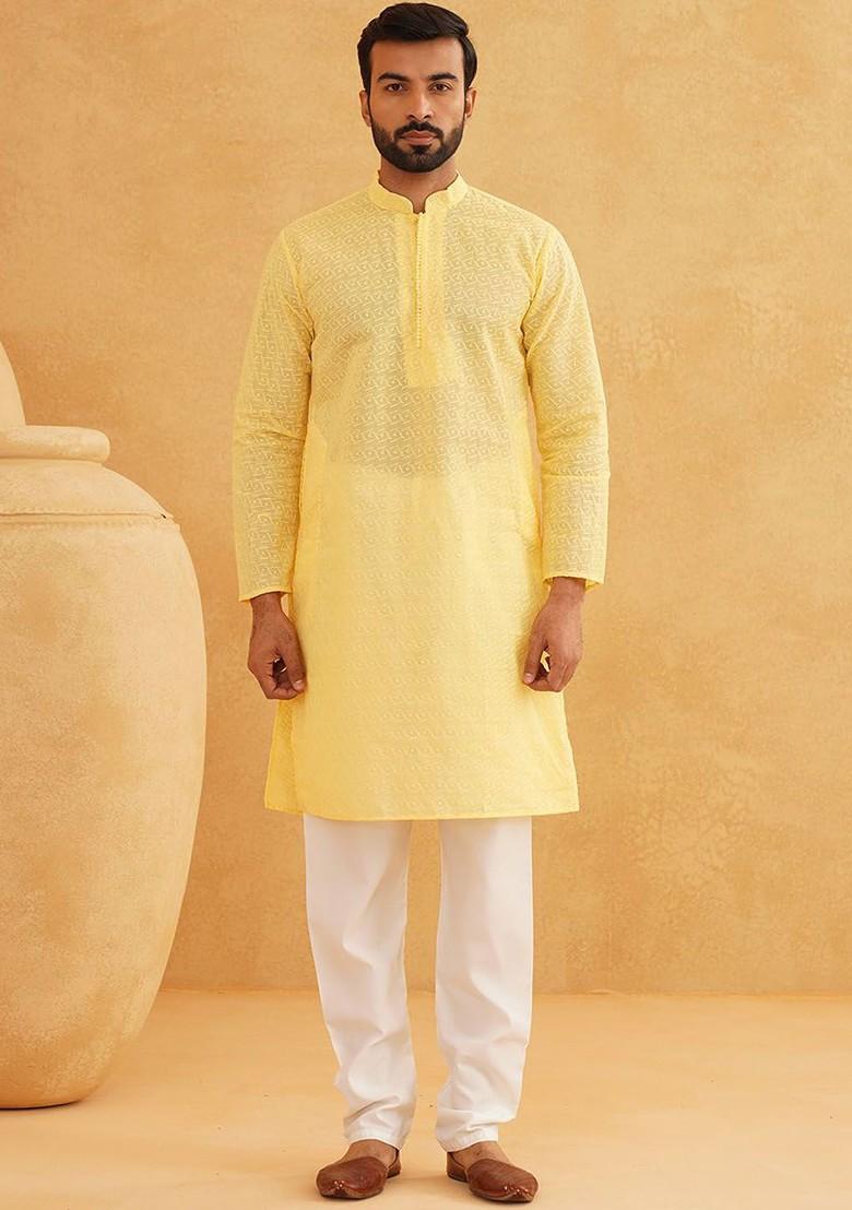 Yellow Thread Work Cotton Kurta Set For Men