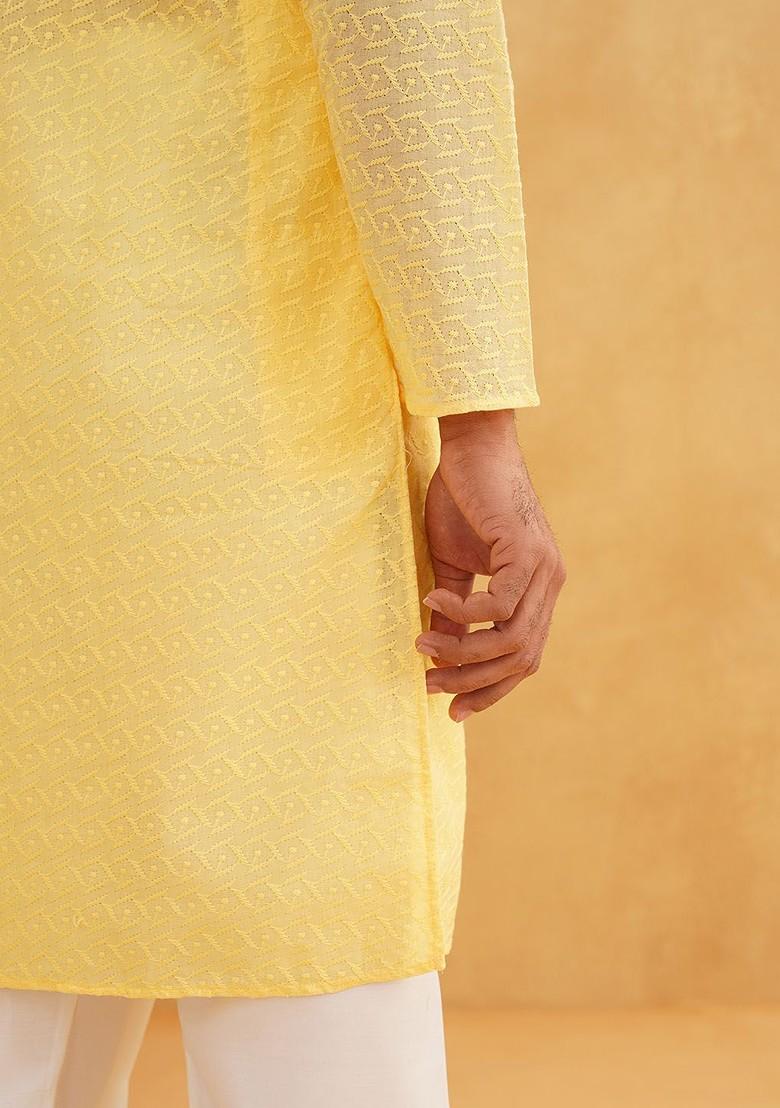 Yellow Thread Work Cotton Kurta Set For Men
