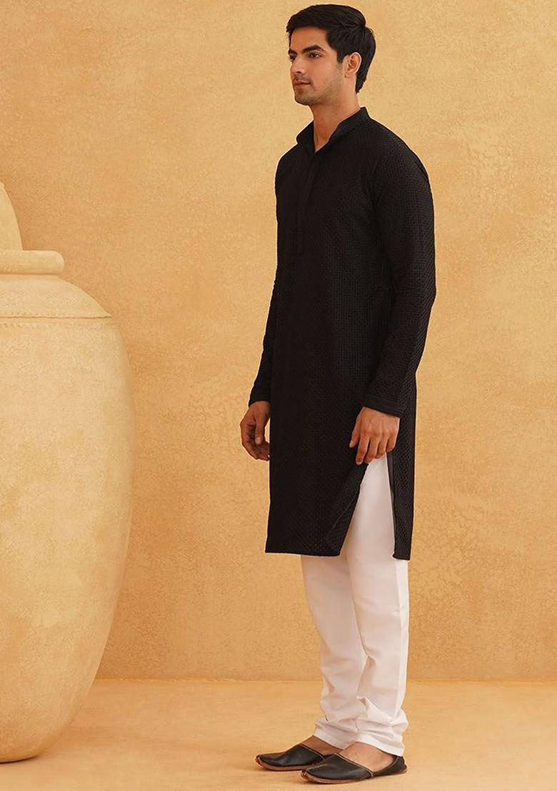 Black Embroidered Cotton Kurta Set For Men