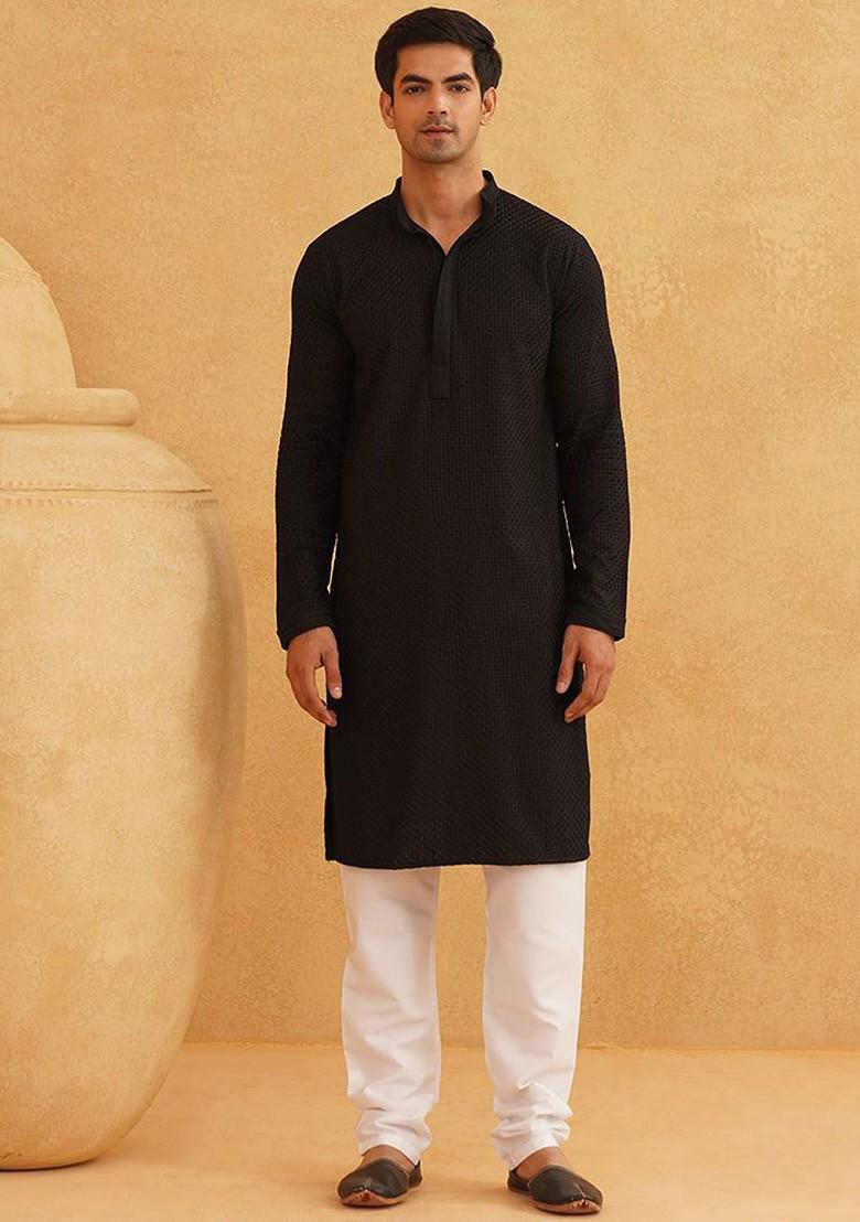 Black Embroidered Cotton Kurta Set For Men