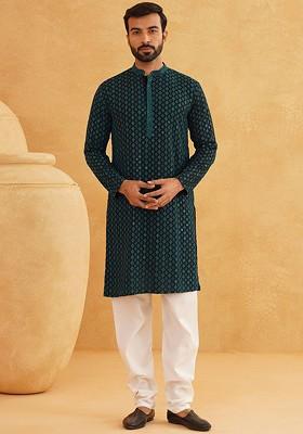 Teal Blue Embroidered Cotton Kurta Set For Men