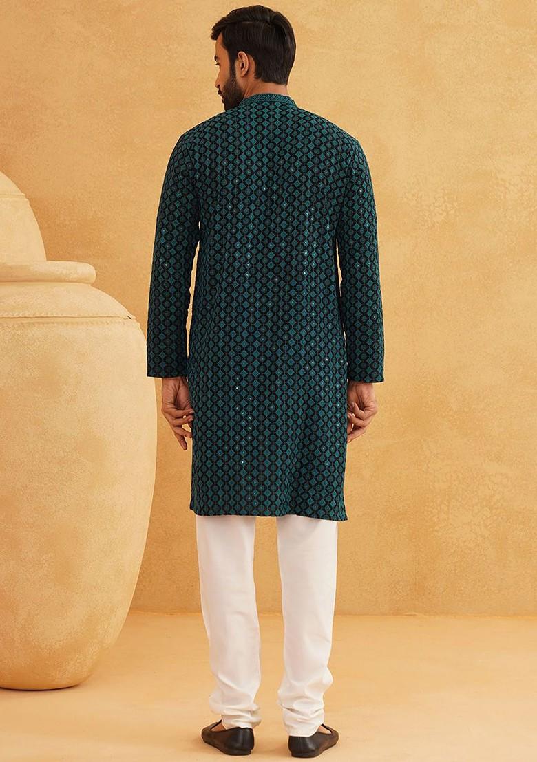 Teal Blue Embroidered Cotton Kurta Set For Men