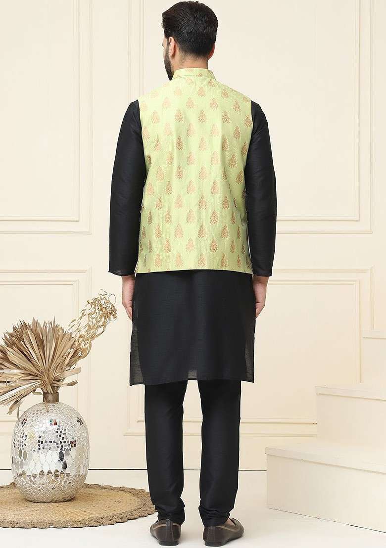 Black Solid Cotton Kurta Set For Men - Indya