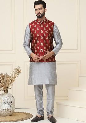 Grey Solid Cotton Kurta Set For Men