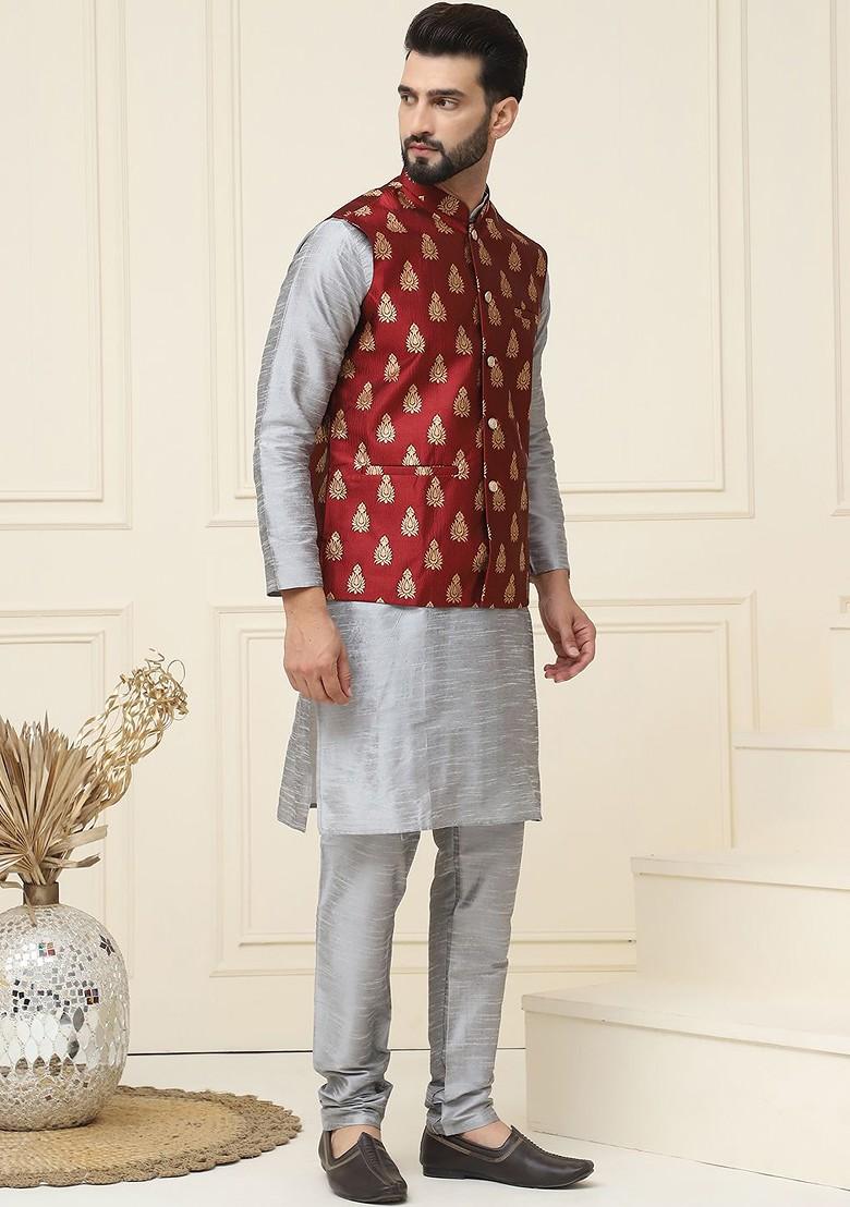 Grey Solid Cotton Kurta Set For Men