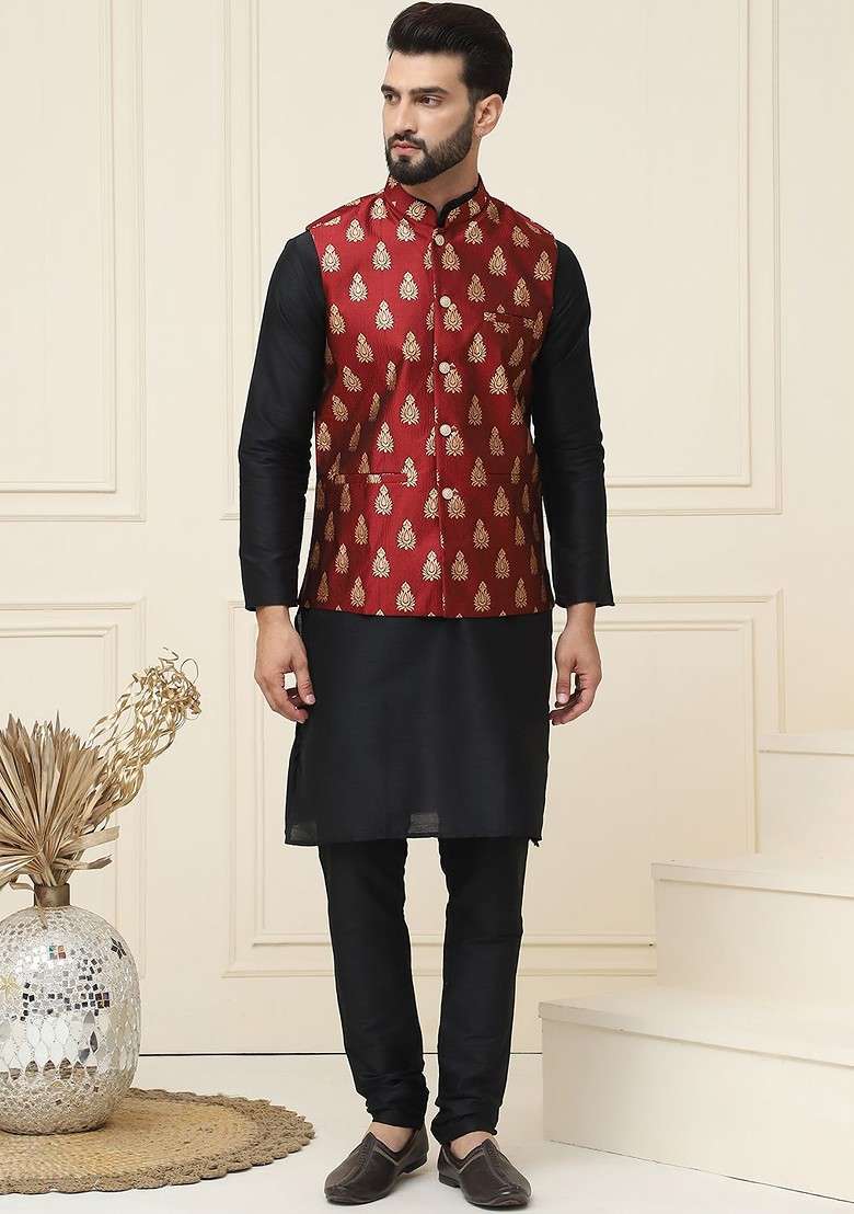 Black Solid Cotton Kurta Set For Men - Indya