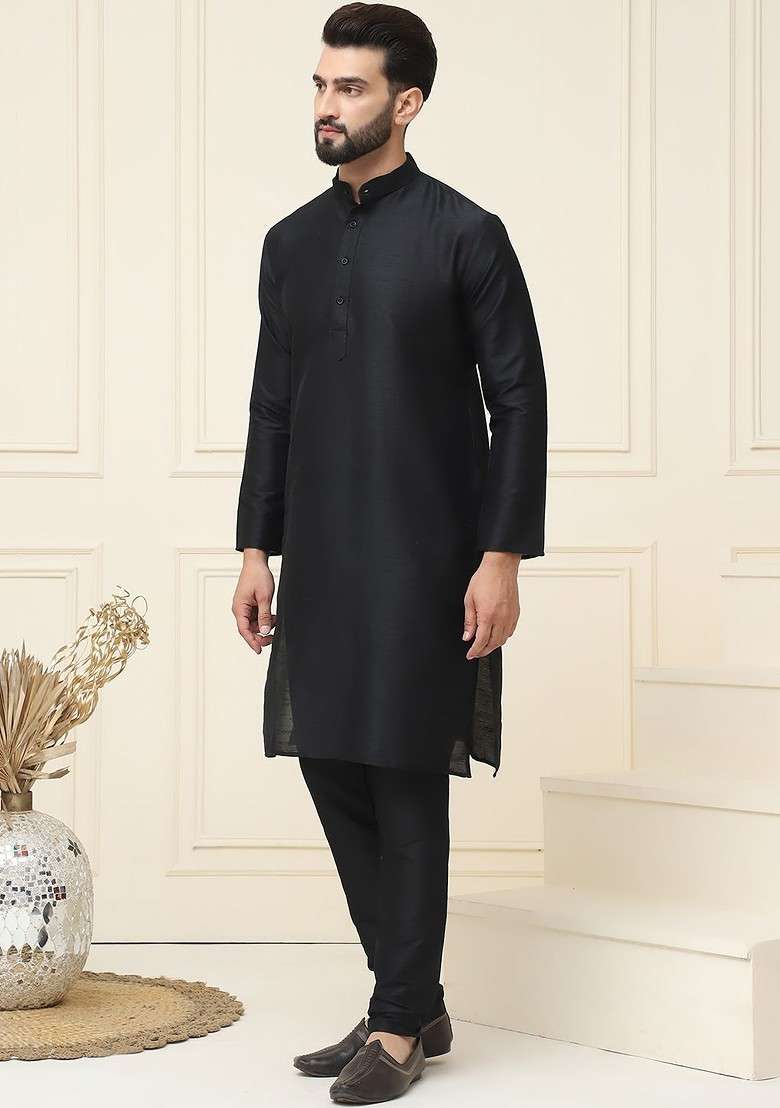 Black Solid Cotton Kurta Set For Men - Indya