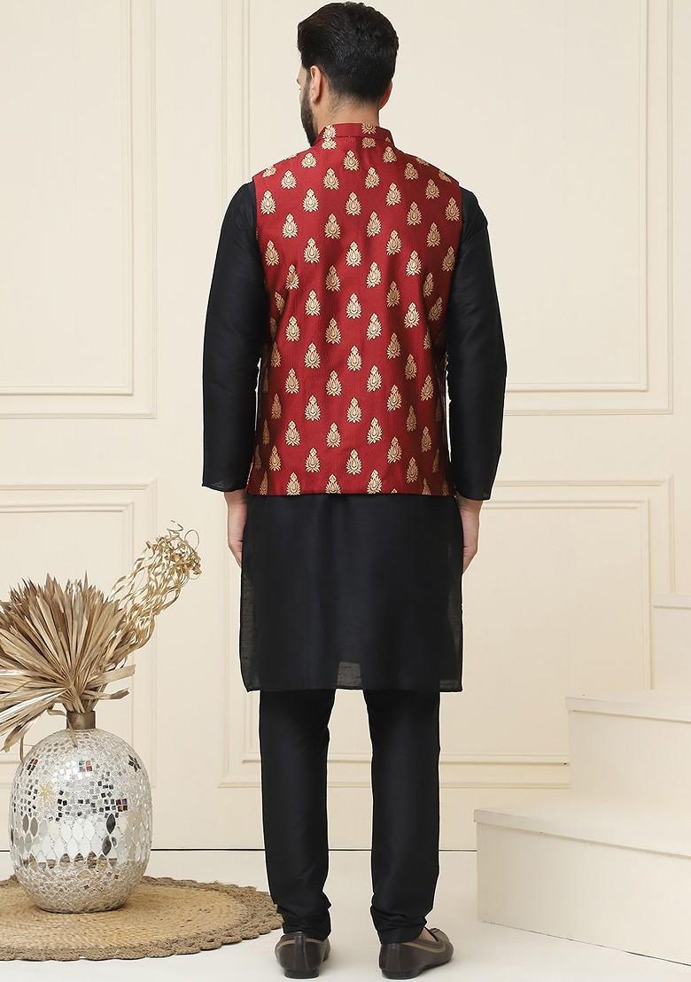 Black Solid Cotton Kurta Set For Men