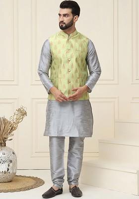 Grey Solid Poly Blend Kurta Set For Men