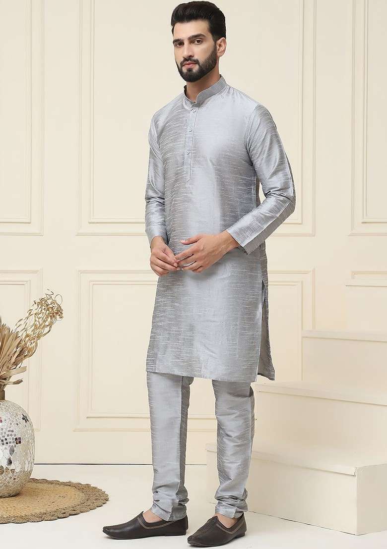 Grey Solid Poly Blend Kurta Set For Men - Indya