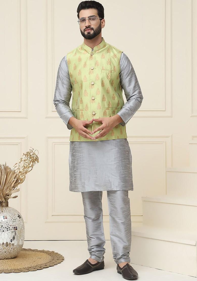 Grey Solid Poly Blend Kurta Set For Men