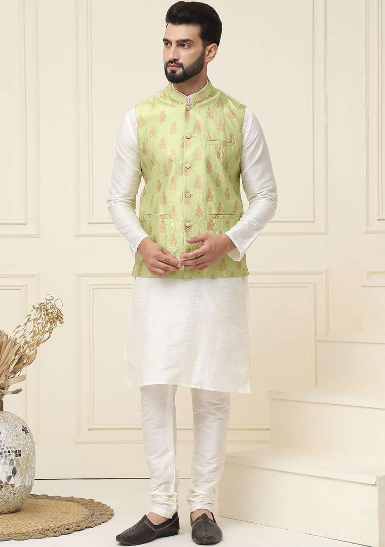Cream Solid Cotton Kurta Set For Men - Indya