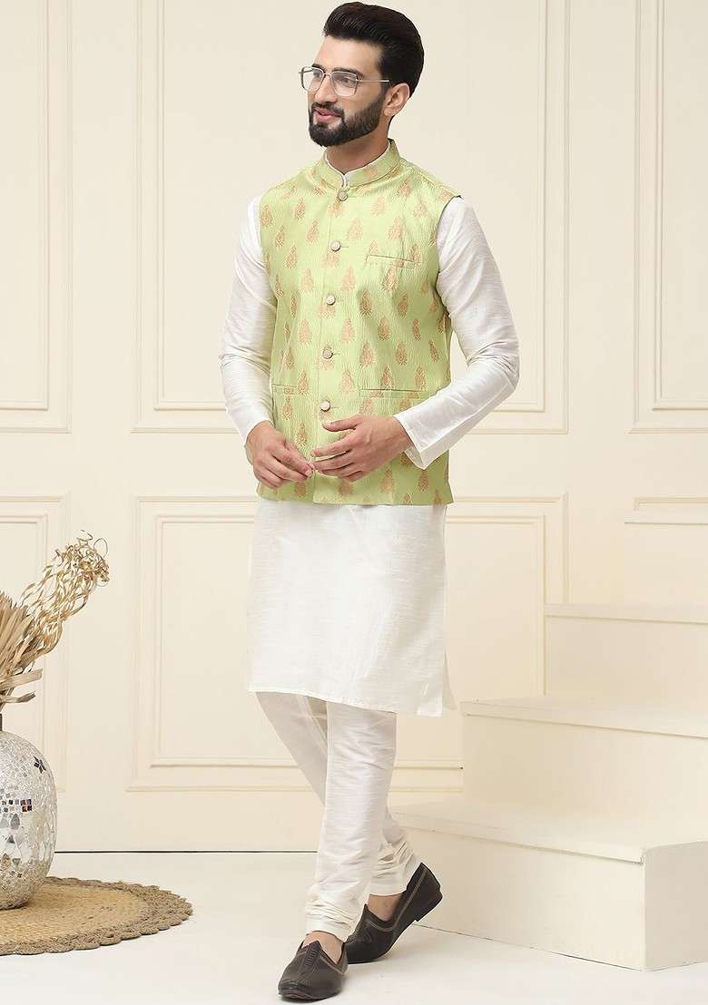 Cream Solid Cotton Kurta Set For Men - Indya