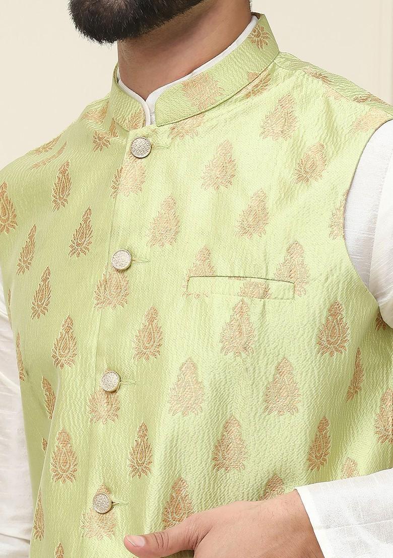 Cream Solid Cotton Kurta Set For Men