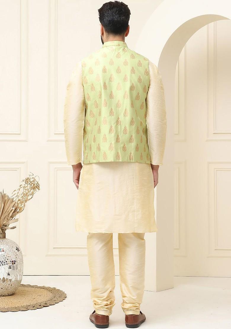 Gold Solid Cotton Kurta Set For Men