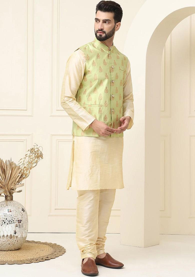 Gold Solid Cotton Kurta Set For Men